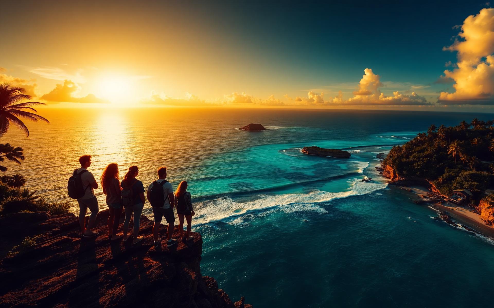 Travellers overlooking a coastal destination at sunset